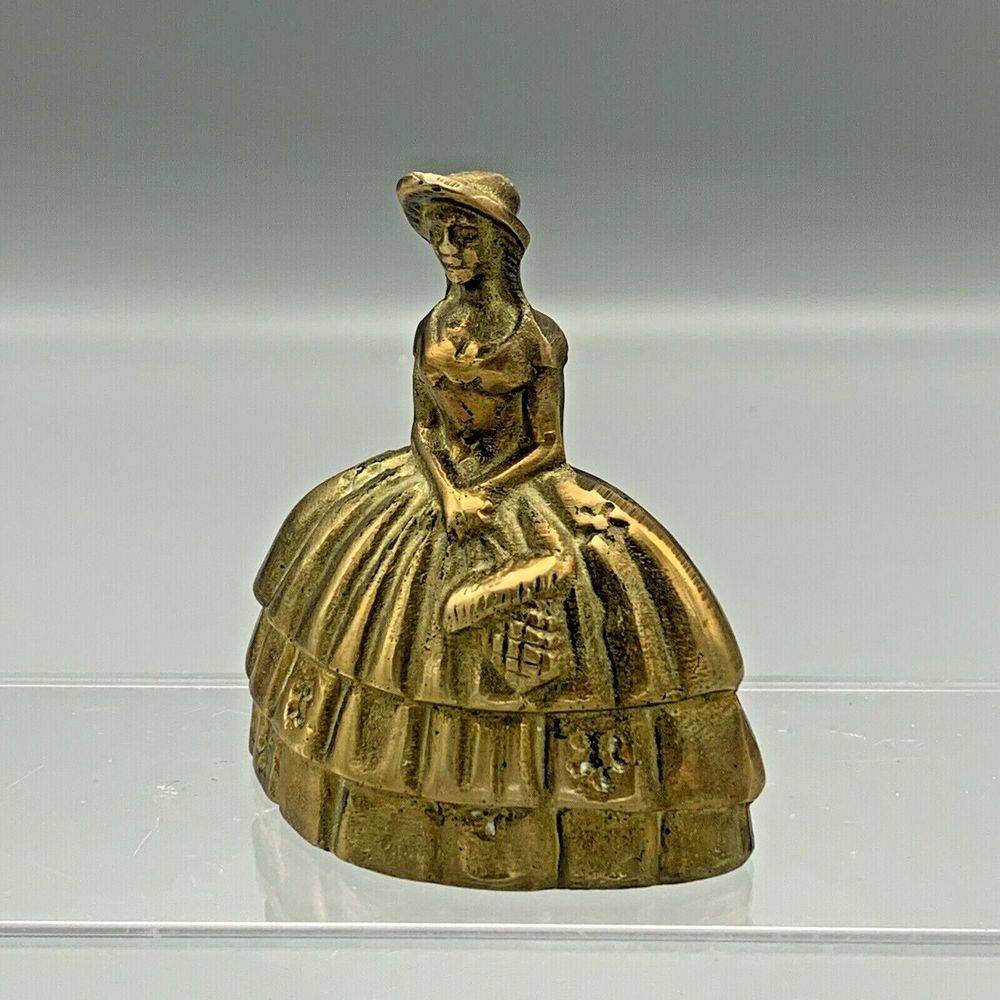 Vintage Brass Bell Southern Belle Lady Holding Basket of Flowers Crinoline Dress